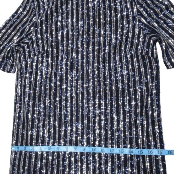 Anthropologie Flat White Short-Sleeve Sequin Stripe Midi Dress Navy S - Picture 6 of 11